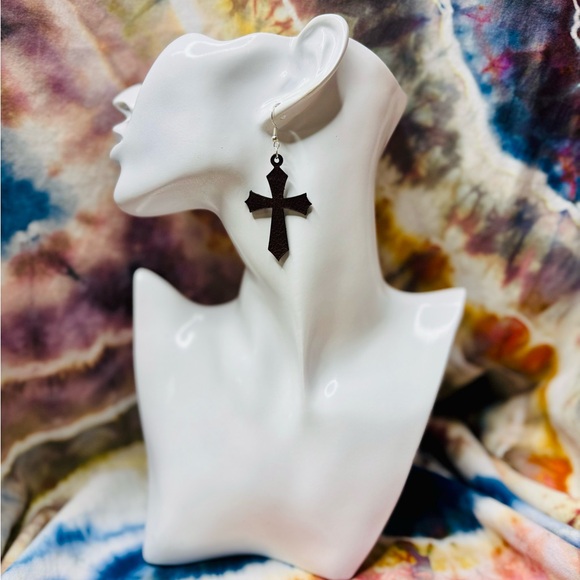 Christian cross earrings brown top grain leather hand crafted - Picture 2 of 5